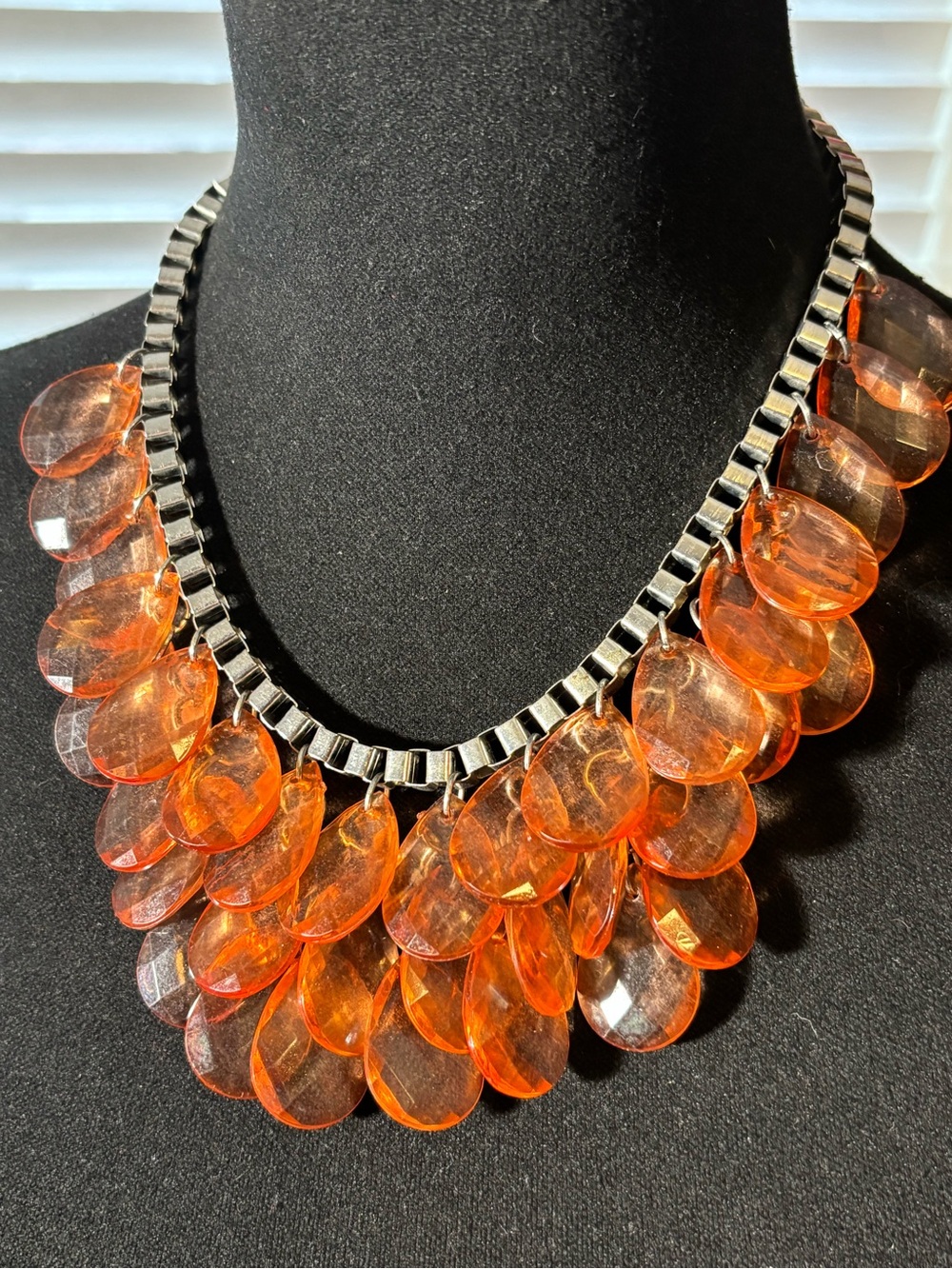 Vintage Orange Teardrop Bib Necklace with Box Style Chain